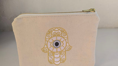 Hamsa Evil Eye Pouch – Canvas Pouch – Handmade Greek Bag - Gift for Her