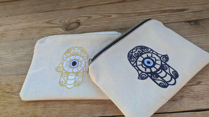 Hamsa Evil Eye Pouch – Canvas Pouch – Handmade Greek Bag - Gift for Her