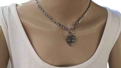 Evil Eye Heart Necklace – Stainless Steel Figaro Chain Necklace - Gift for Her