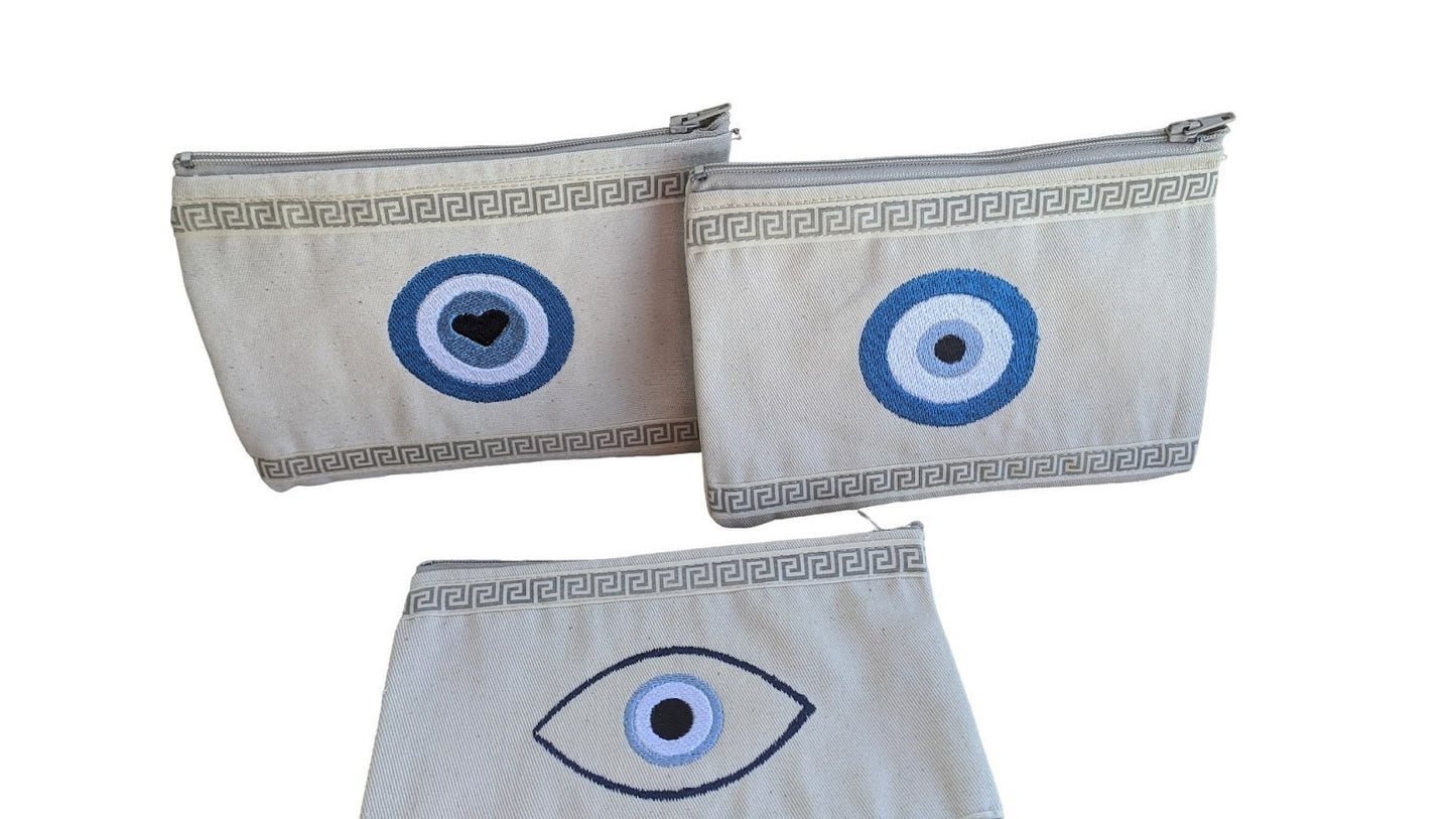 Canvas Greek Key Evil Eye Pouch – Greek Gift - Gift for Her