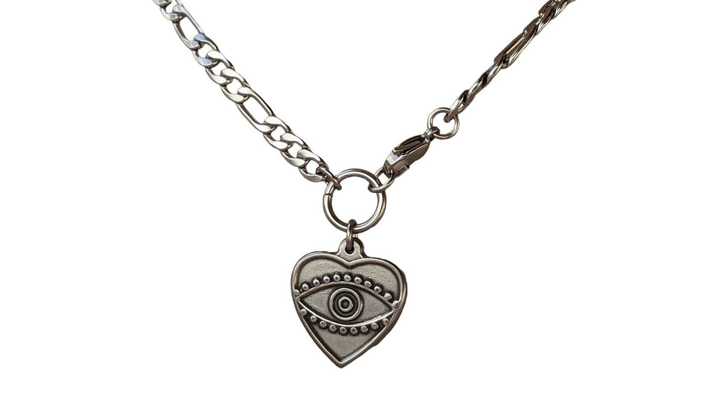 Evil Eye Heart Necklace – Stainless Steel Figaro Chain Necklace - Gift for Her