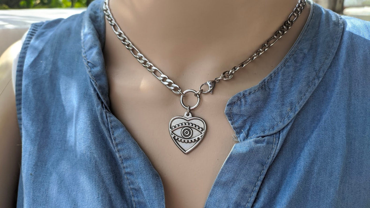 Evil Eye Heart Necklace – Stainless Steel Figaro Chain Necklace - Gift for Her