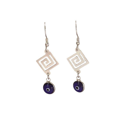 Silver Greek Key Evil Eye Earrings - Greek  Gift