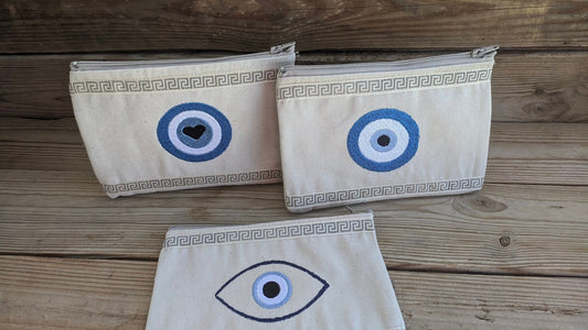 Canvas Greek Key Evil Eye Pouch – Greek Gift - Gift for Her