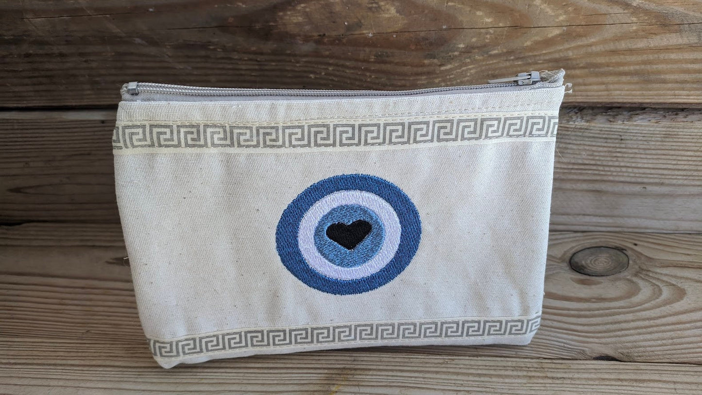 Canvas Greek Key Evil Eye Pouch – Greek Gift - Gift for Her