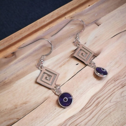 Silver Greek Key Evil Eye Earrings - Greek  Gift