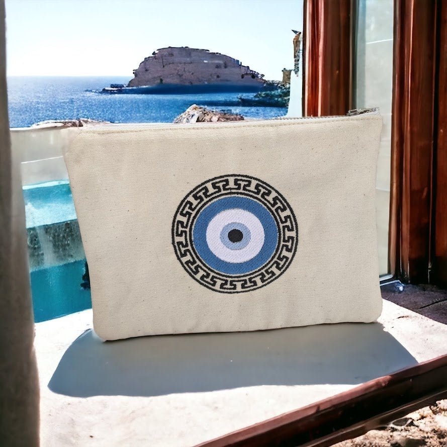 Greek Key Evil Eye Pouch – Embroidered Pouch – Handmade Pouch