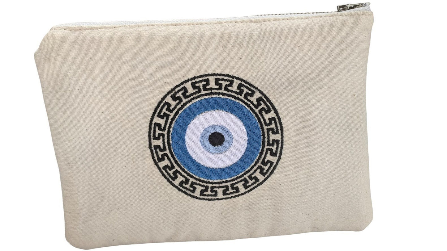Greek Key Evil Eye Pouch – Embroidered Pouch – Handmade Pouch