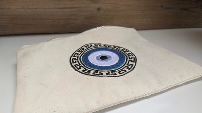 Greek Key Evil Eye Pouch – Embroidered Pouch – Handmade Pouch