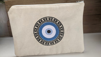 Greek Key Evil Eye Pouch – Embroidered Pouch – Handmade Pouch