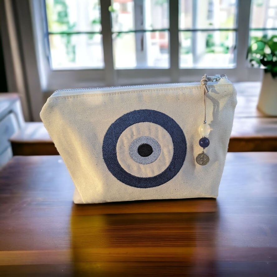 Evil Eye Cosmetic  Bag - Greek gift - Cotton canvas - Embroidered Bag