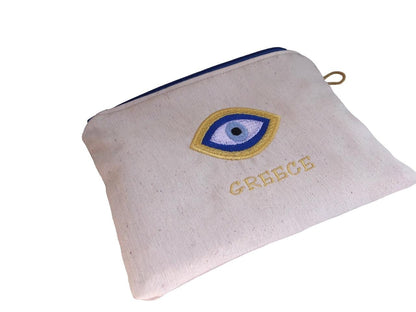 Pochette brodée oeil bleu – Pochette tissus  – Cadeau grec