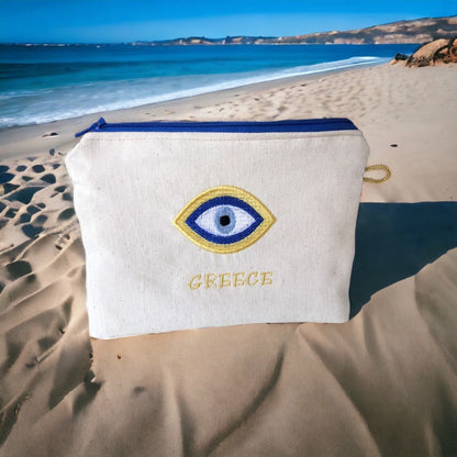 Pochette brodée oeil bleu – Pochette tissus  – Cadeau grec