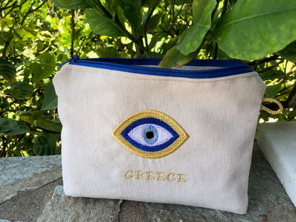 Pochette brodée oeil bleu – Pochette tissus  – Cadeau grec