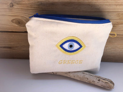 Pochette brodée oeil bleu – Pochette tissus  – Cadeau grec