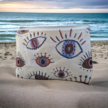 Greek Evil Eye Pouch - Jacquard Fabric Pouch - Greek Gift