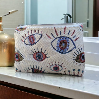 Greek Evil Eye Pouch - Jacquard Fabric Pouch - Greek Gift