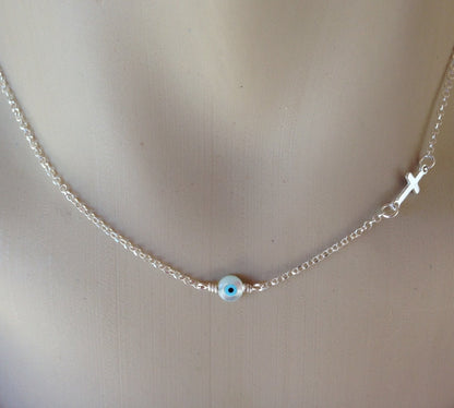 Collier Oeil Bleu en Nacre et Croix en Argent 925